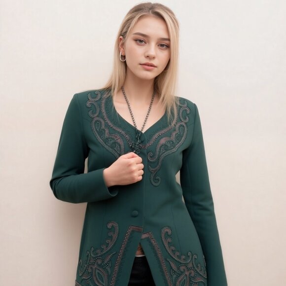 Vintage Romantics by Lisa Kane Green & Purple Beaded Wool Crepe Blazer Sz 18 - Picture 1 of 12